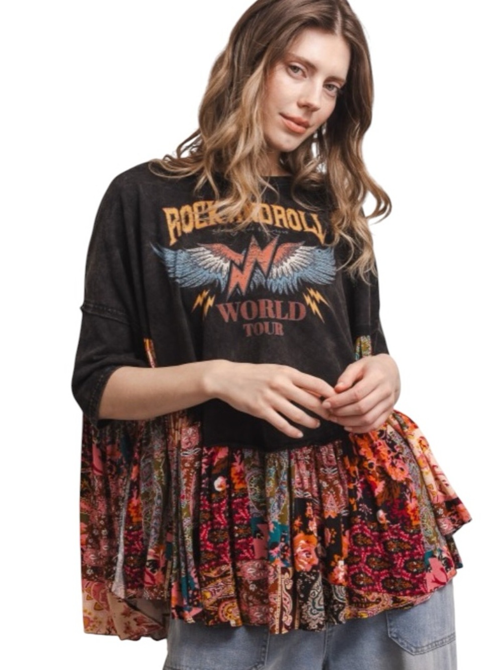 704: BLUEVELVET NWT “ROCK AND ROLL” TOP BLACK MULTI (H1)